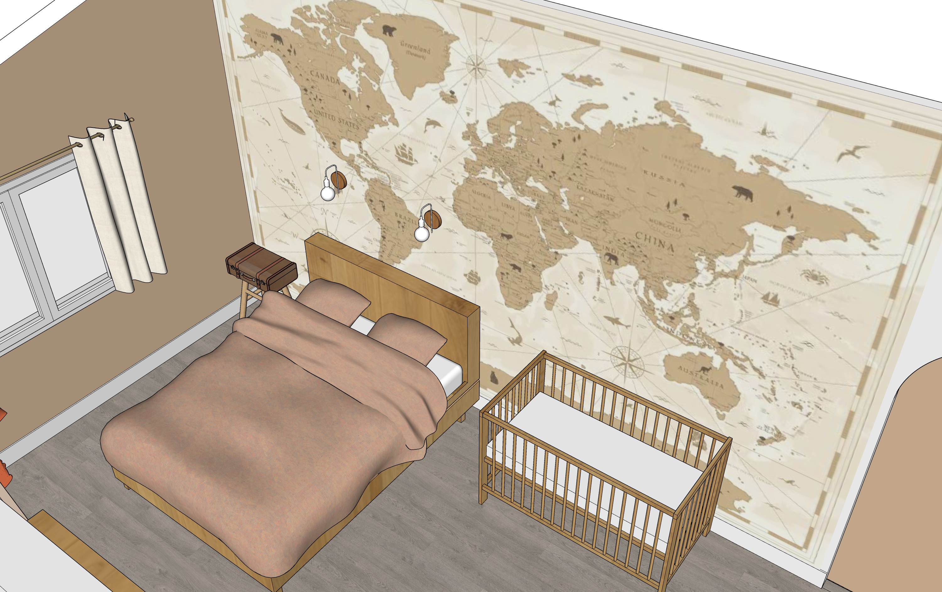 Rendu 3D de l'aménagement d'une chambre sur un thème "explorateur". Lit beige, parquet en bois, lit de bébé, et papier peint vintage représentant la carte du monde.
