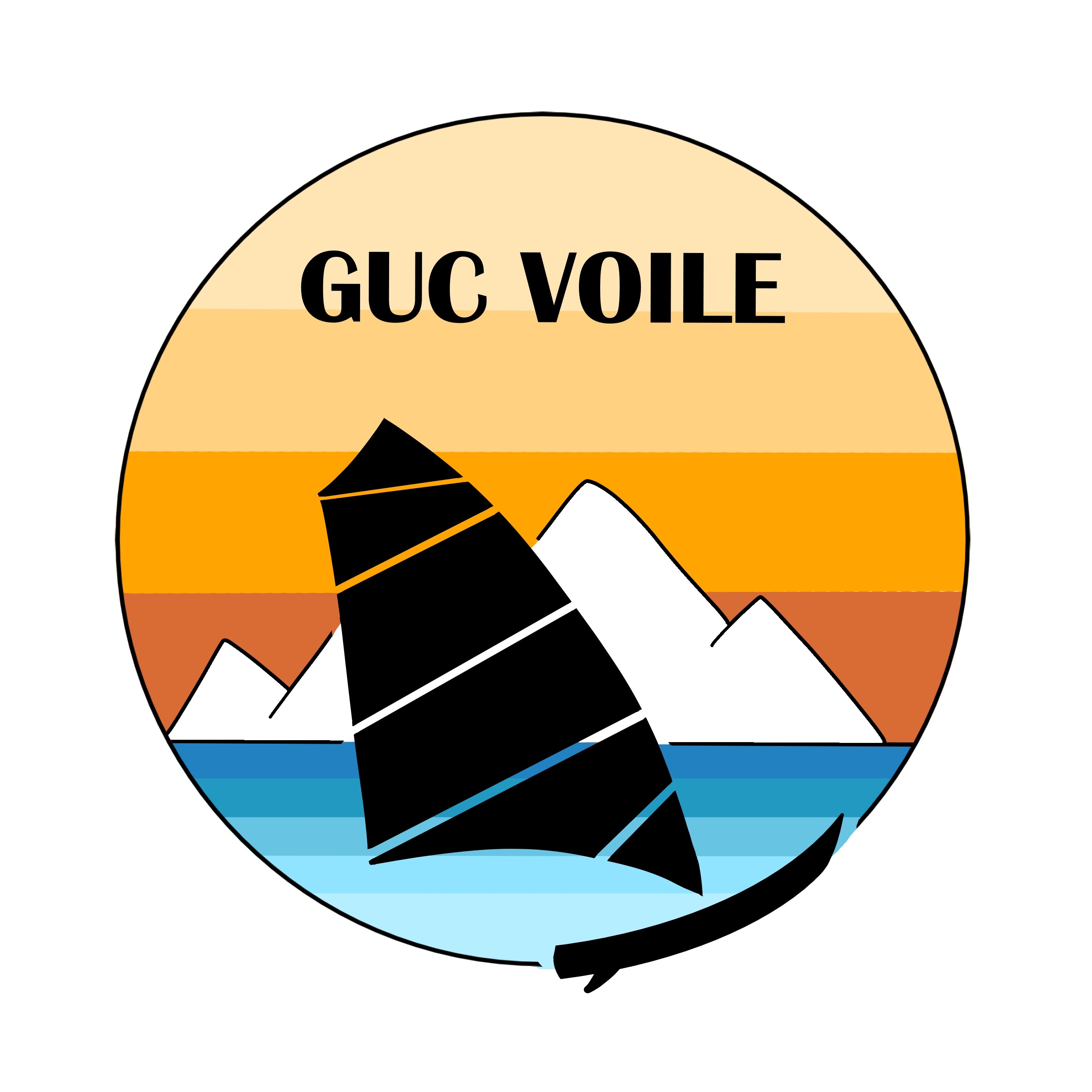 Logo de l'association de planche à voile GUC Voile. En forme de rond, silhouette d'une planche à voile, sur un fond coloré : un ciel orangé, une montagne blanche, et un lac bleu.