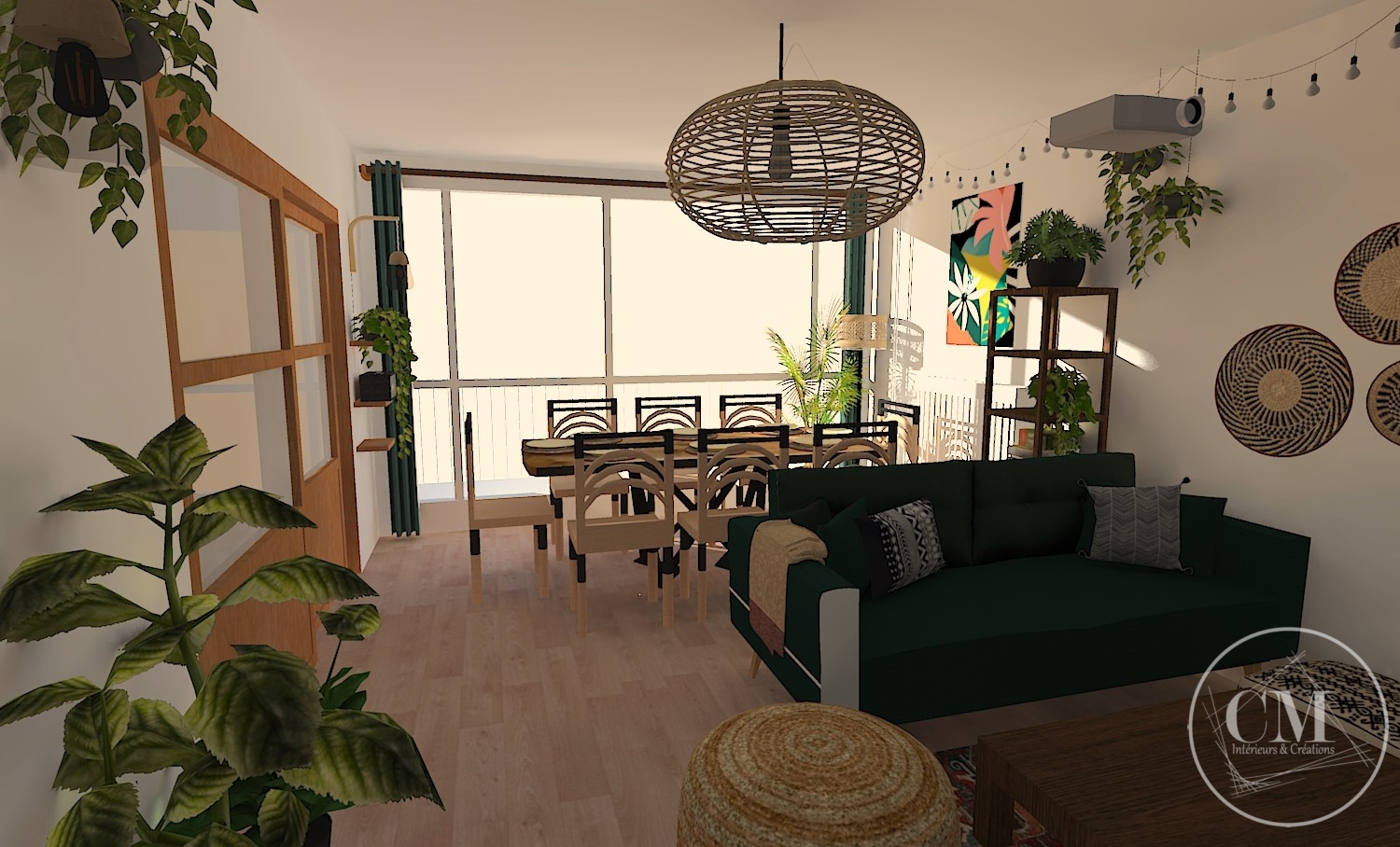 Rendu réaliste de l'aménagement d'un séjour aux tons ethniques.