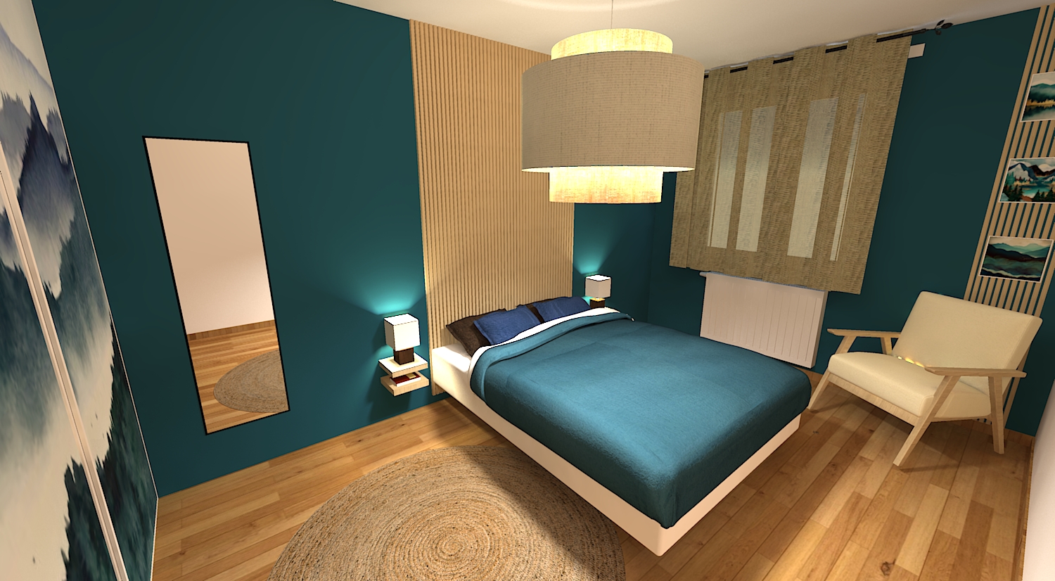 Rendu réaliste d'une chambre bleu scandinave. Lit bleu, parquet en bois, mur bleu et tasseaux bois. 