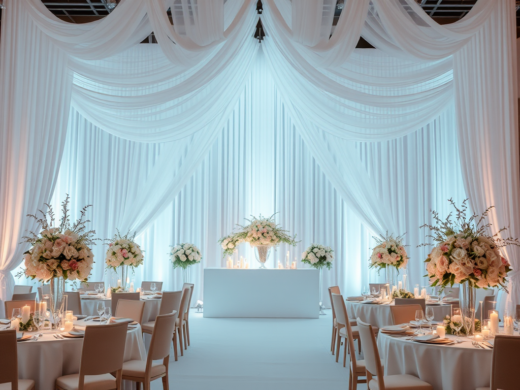 Salle de réception de mariage. Fond décoré avec des rideaux légers blancs. EN avant plan, des tables avec nappes blanches, et des bouquets de fleurs sur les tables.