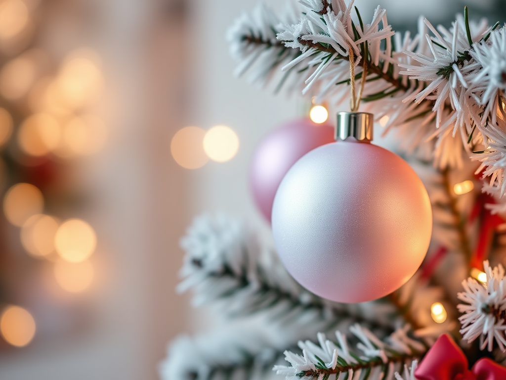 Zoom sur un sapin de noël avec des boules roses.