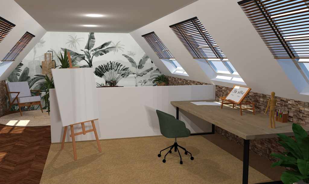 Rendu réaliste d'un aménagement sous combles. Bureau et atelier de peinture dans un thème Feng Shui.