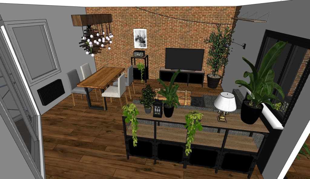 Visuel 3D d'un séjour jungle industrielle